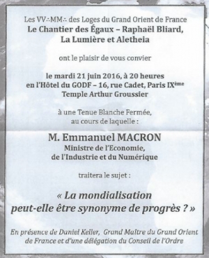 27.07.2017 - France : Selon l’italien Magaldi, Emmanuel Macron a été amené dans la loge « Fraternité verte » par François Hollande