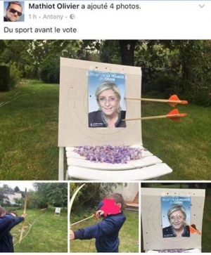 05.05.2017 - Olivier Mathiot, PDG de PriceMinister, fait tirer ses enfants sur un portrait de Marine Le Pen